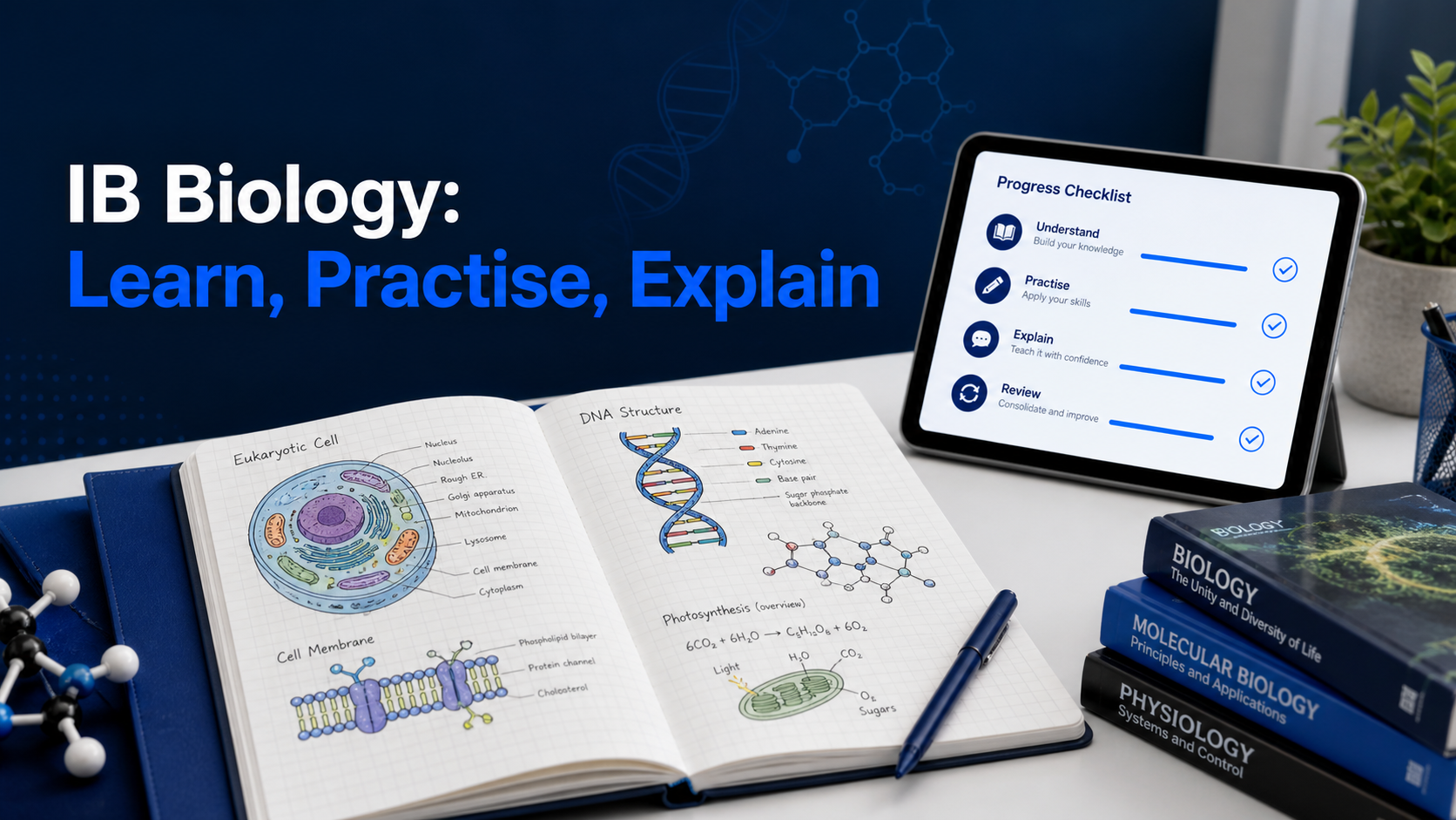IB Biology study desk illustrating a learn, practise, explain, and review workflow