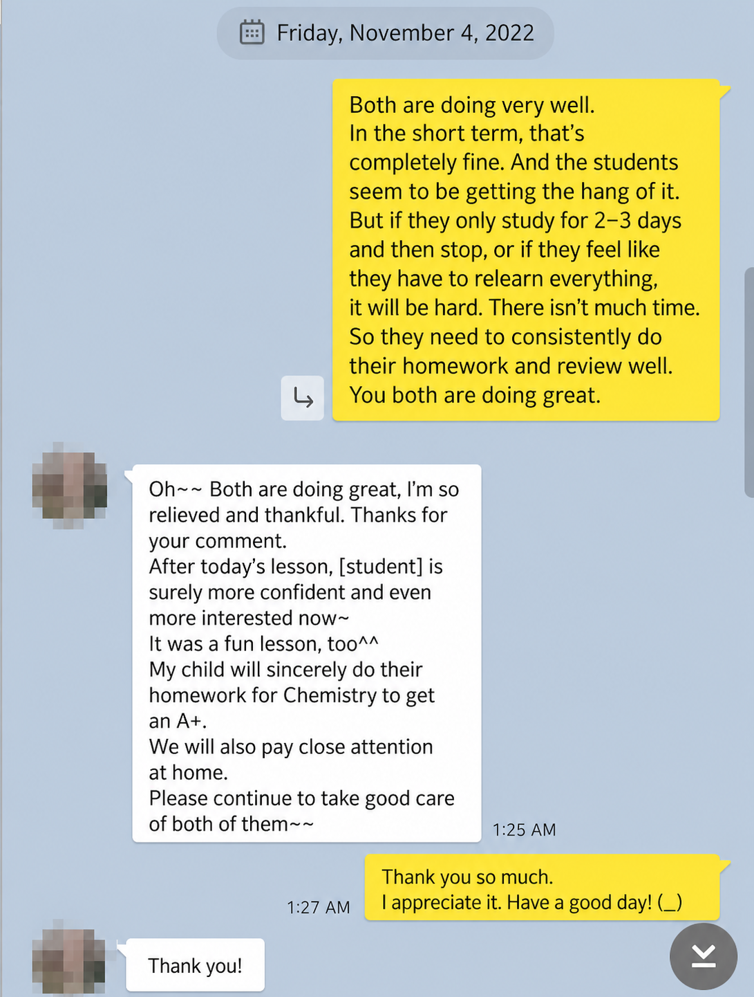 English translation of a parent describing improved confidence and Chemistry performance