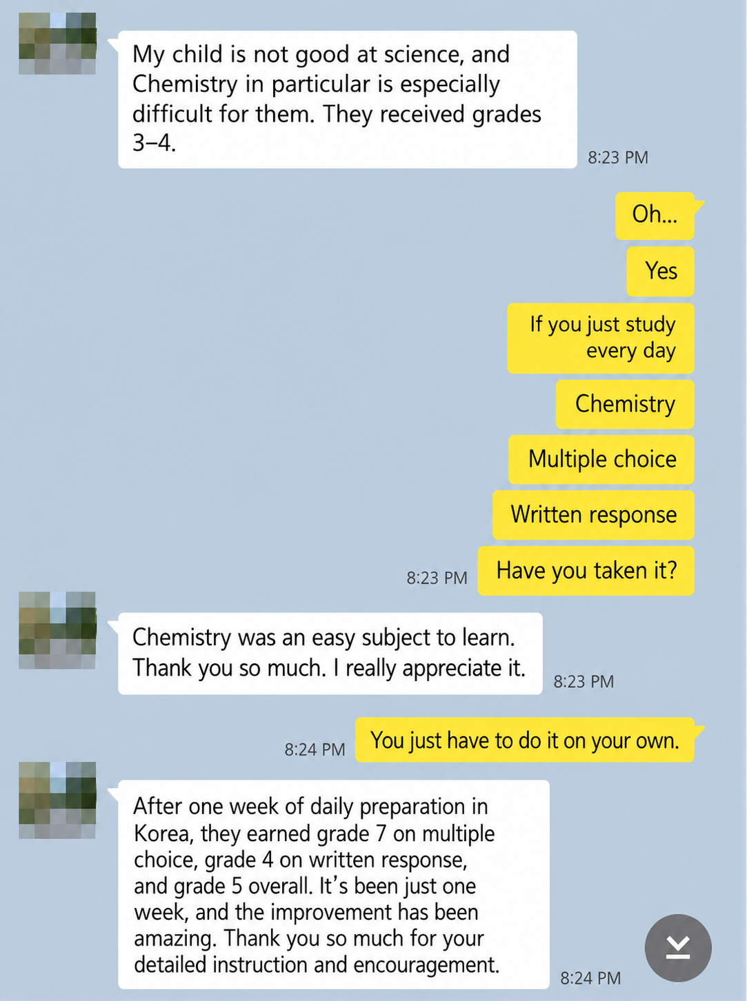 English translation of a student's IB Chemistry improvement after focused preparation