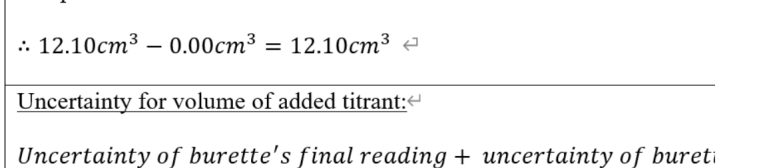 IB Chemistry IA example showing uncertainty for titrant volume