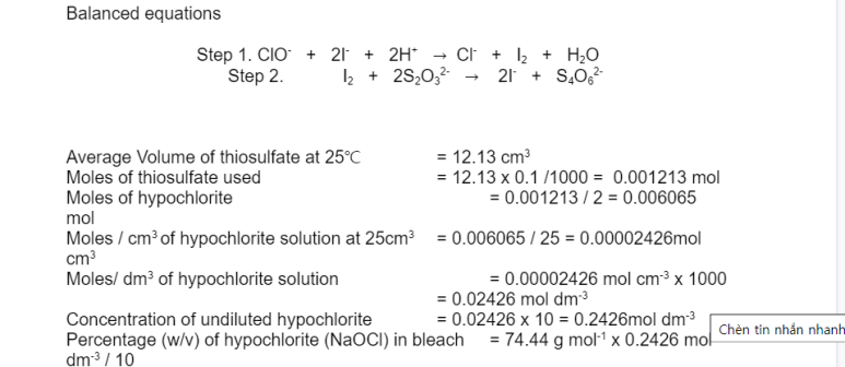 IB Chemistry IA calculation example using iodometric titration equations