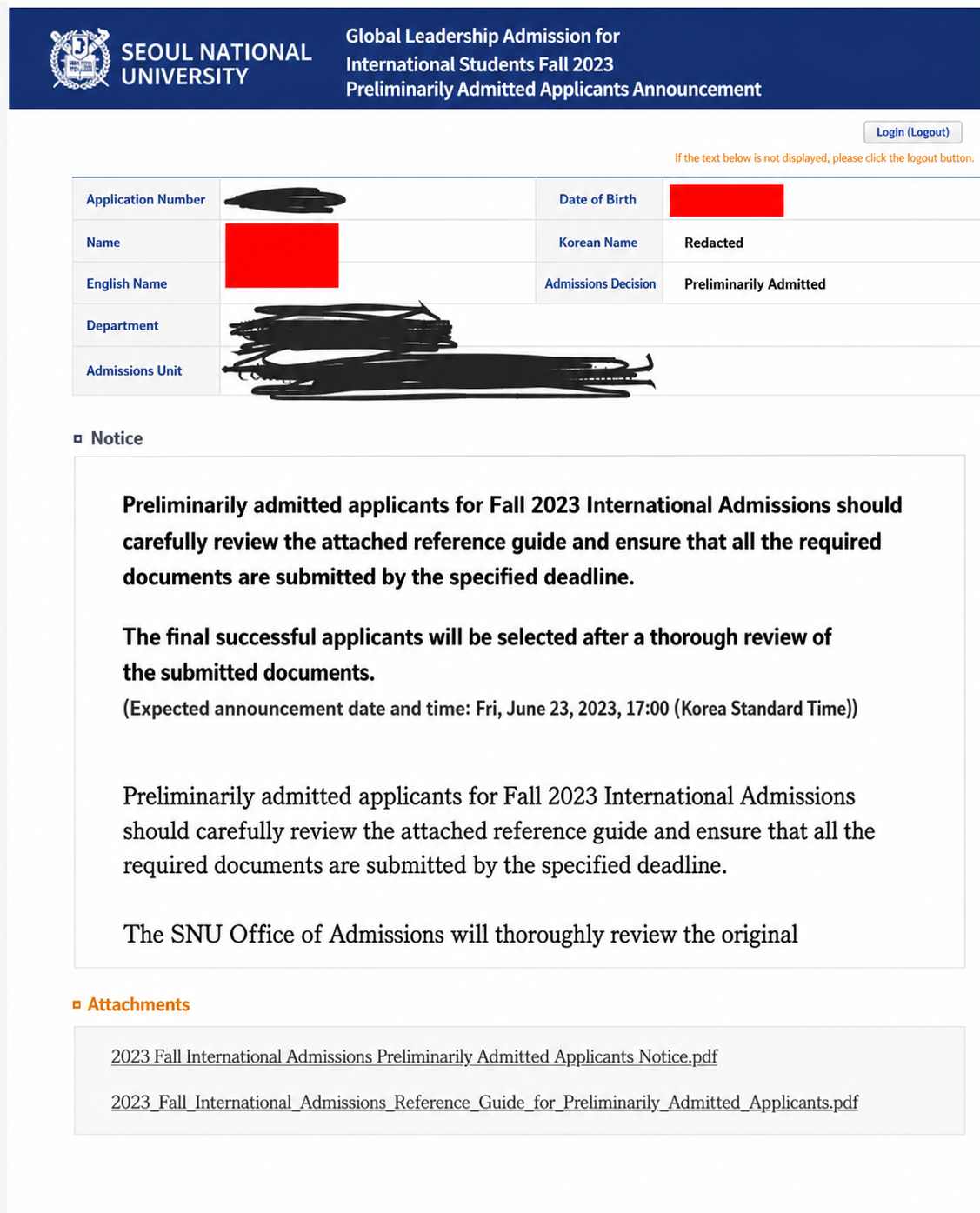 English Seoul National University Fall 2023 preliminary admission notice with applicant details redacted