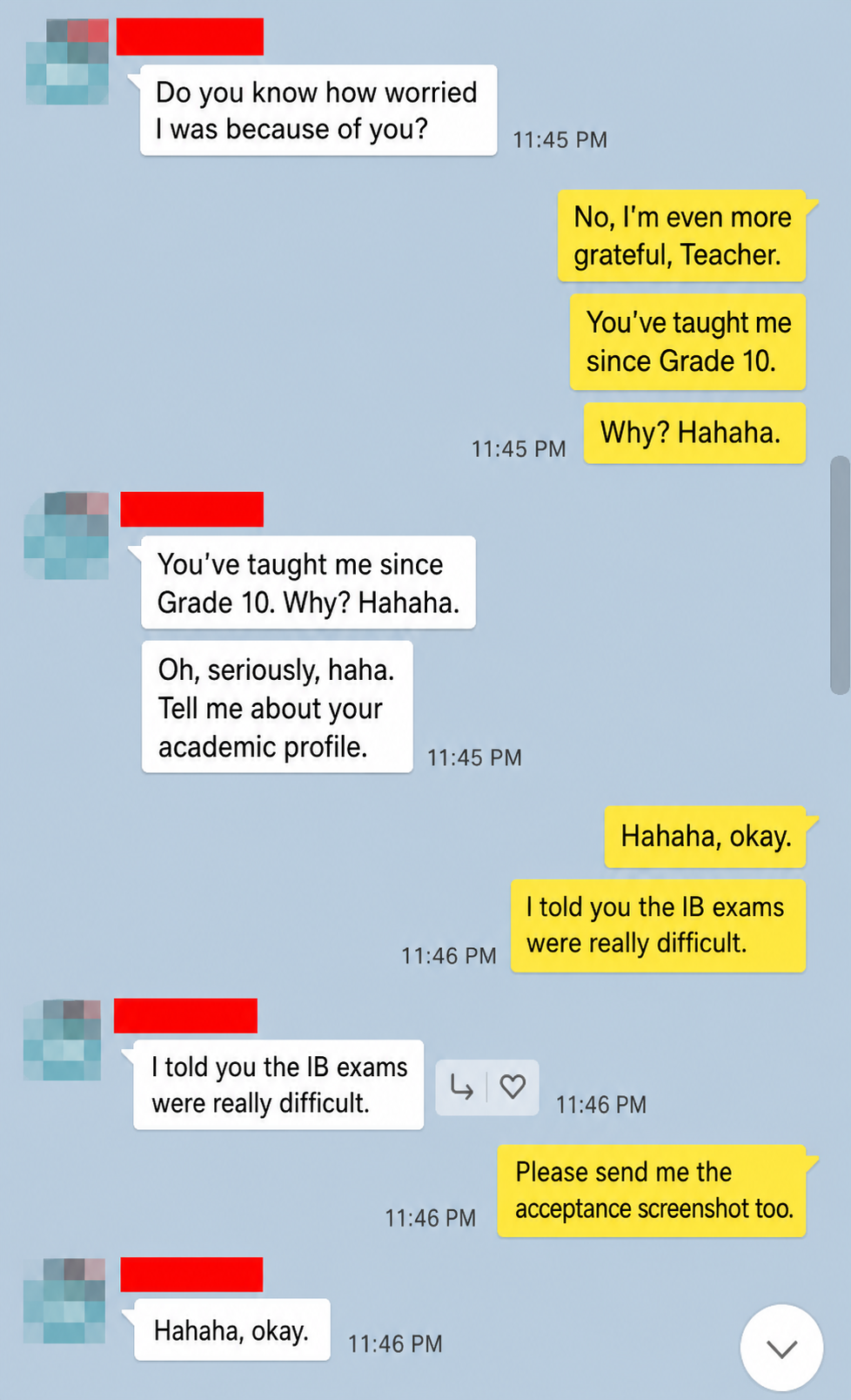 English translation of a student discussing an SNU acceptance and difficult IB examinations