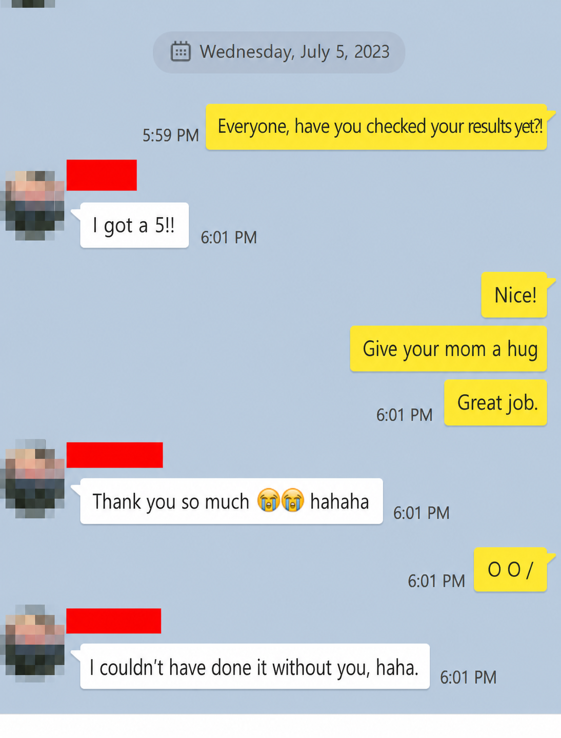 English translation of a second student celebrating an AP Chemistry score of 5