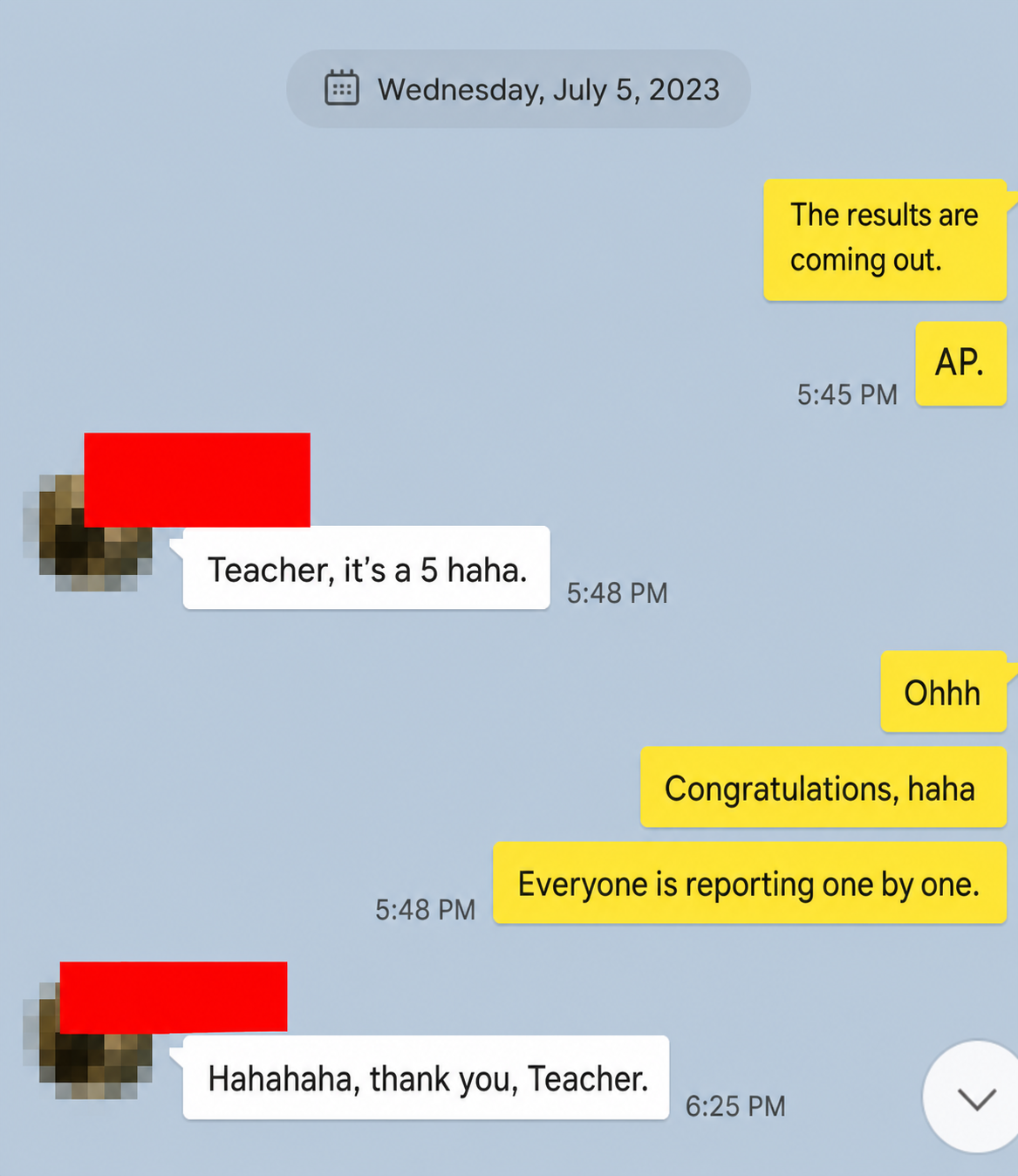 English translation of an AP Chemistry score 5 result-day conversation