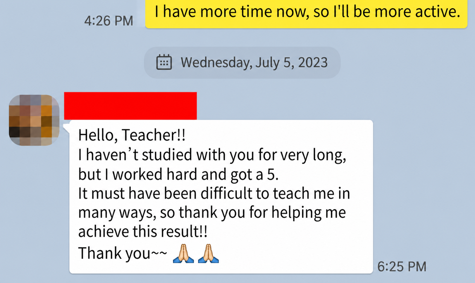 English translation of a student's thank-you message after earning an AP score of 5