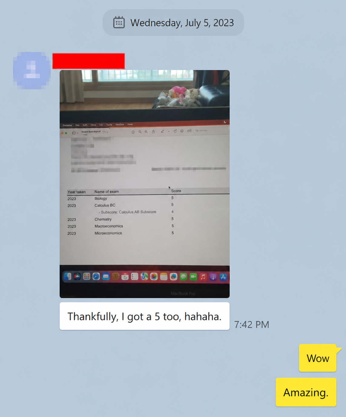 English translation of an AP score report showing several scores of 5 with personal details hidden