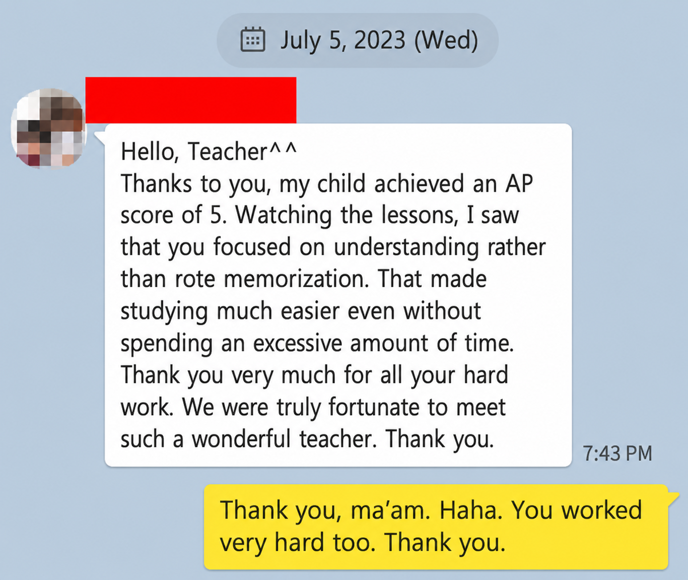 English translation of a parent's message about concept-based AP Chemistry learning