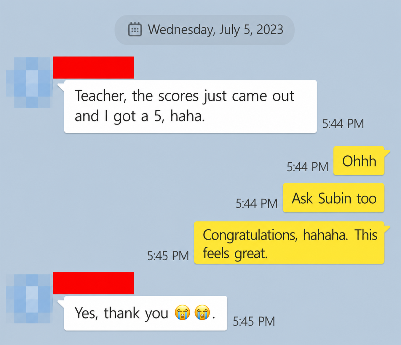 English translation of a student reporting an AP Chemistry score of 5
