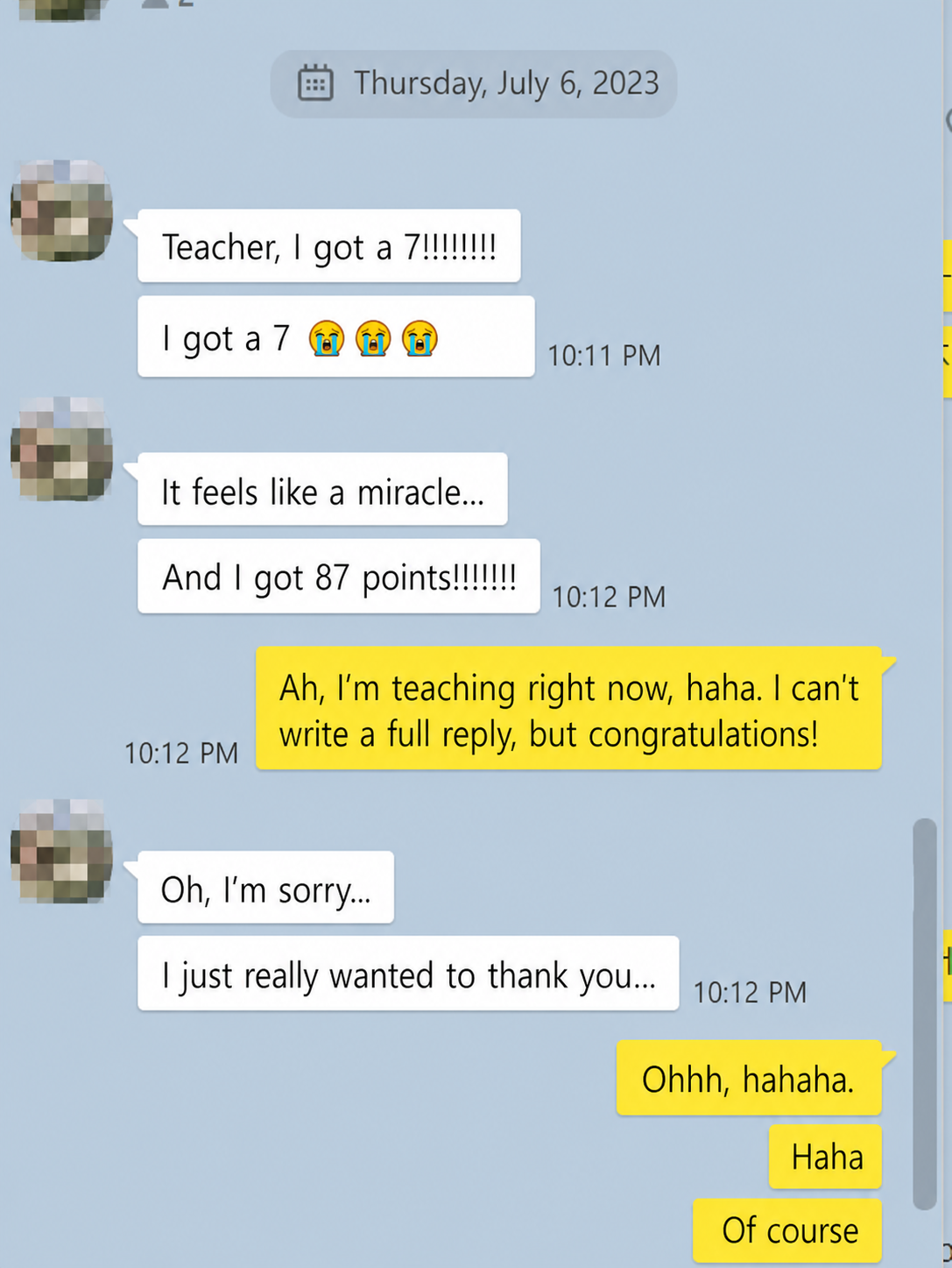 English translation of a student celebrating an IB Chemistry grade 7 with 87 marks