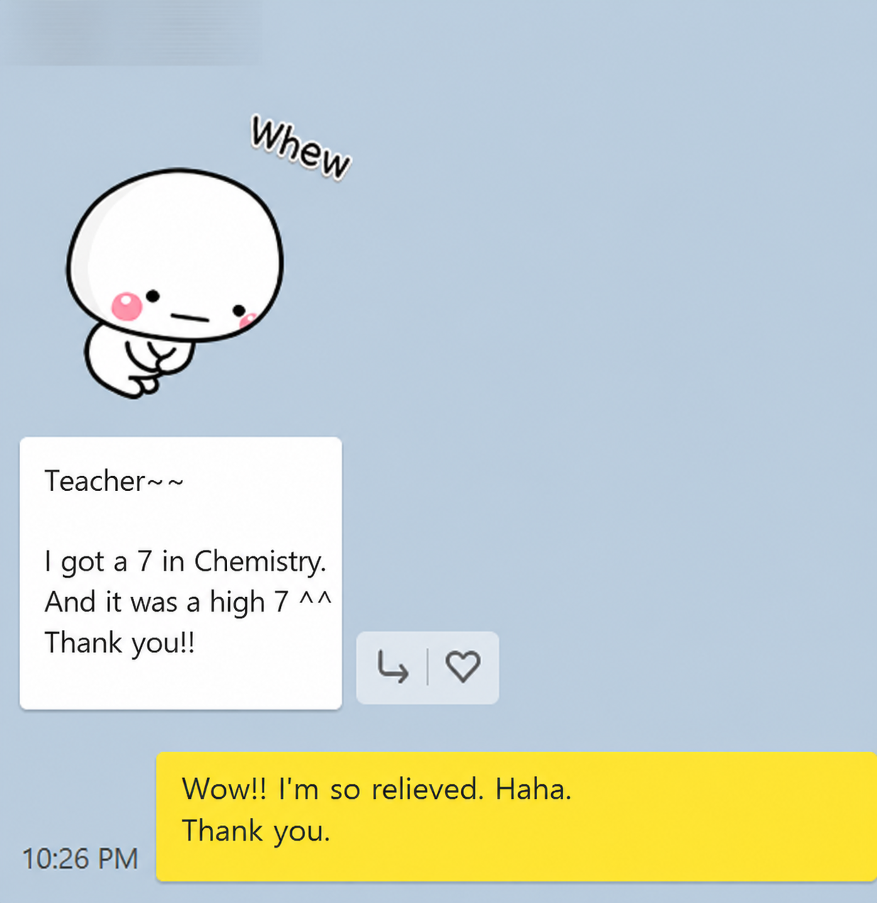 English translation of a student sharing a high grade 7 in IB Chemistry