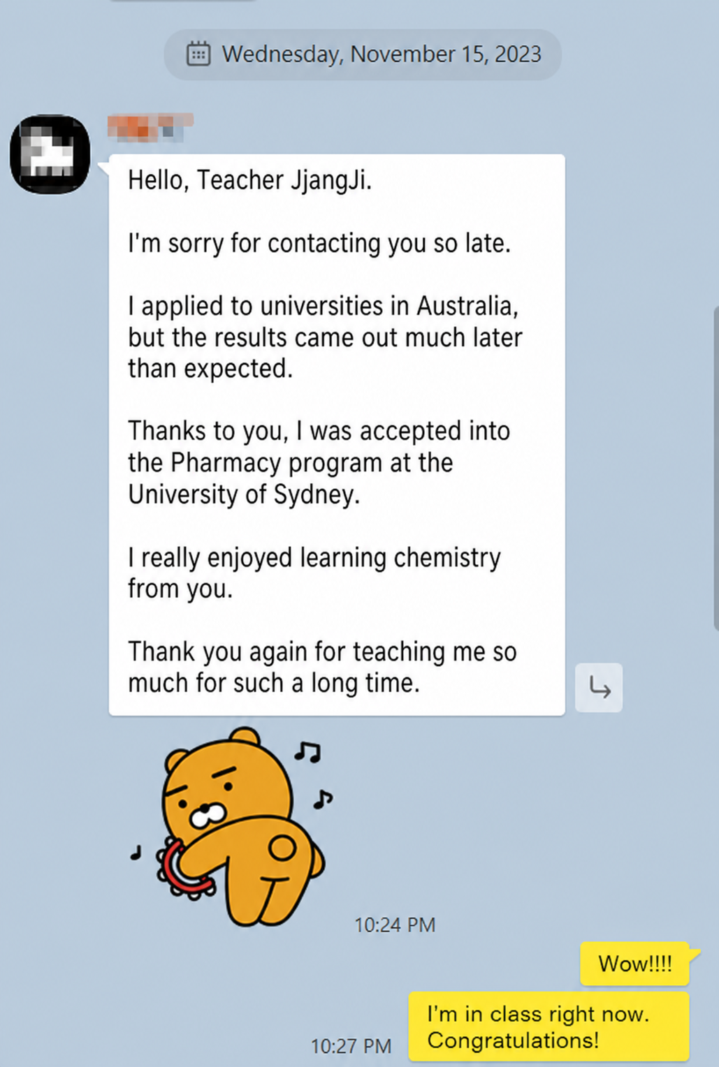 English translation of a University of Sydney Pharmacy acceptance message