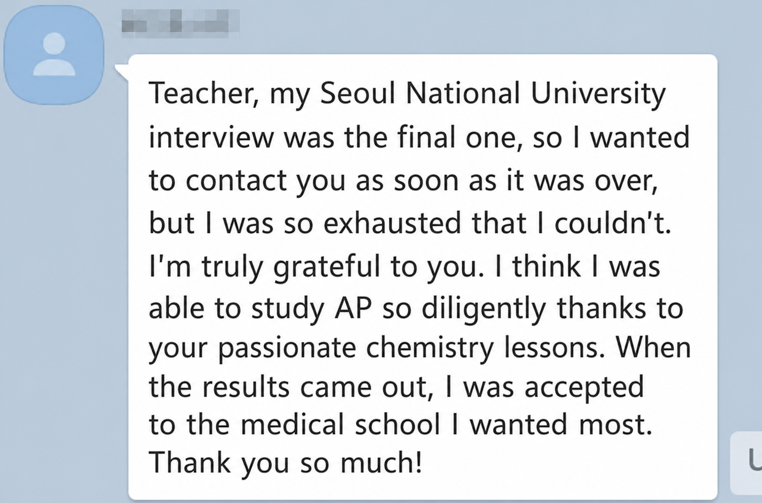 English translation of a student sharing a medical-school acceptance after AP Chemistry study