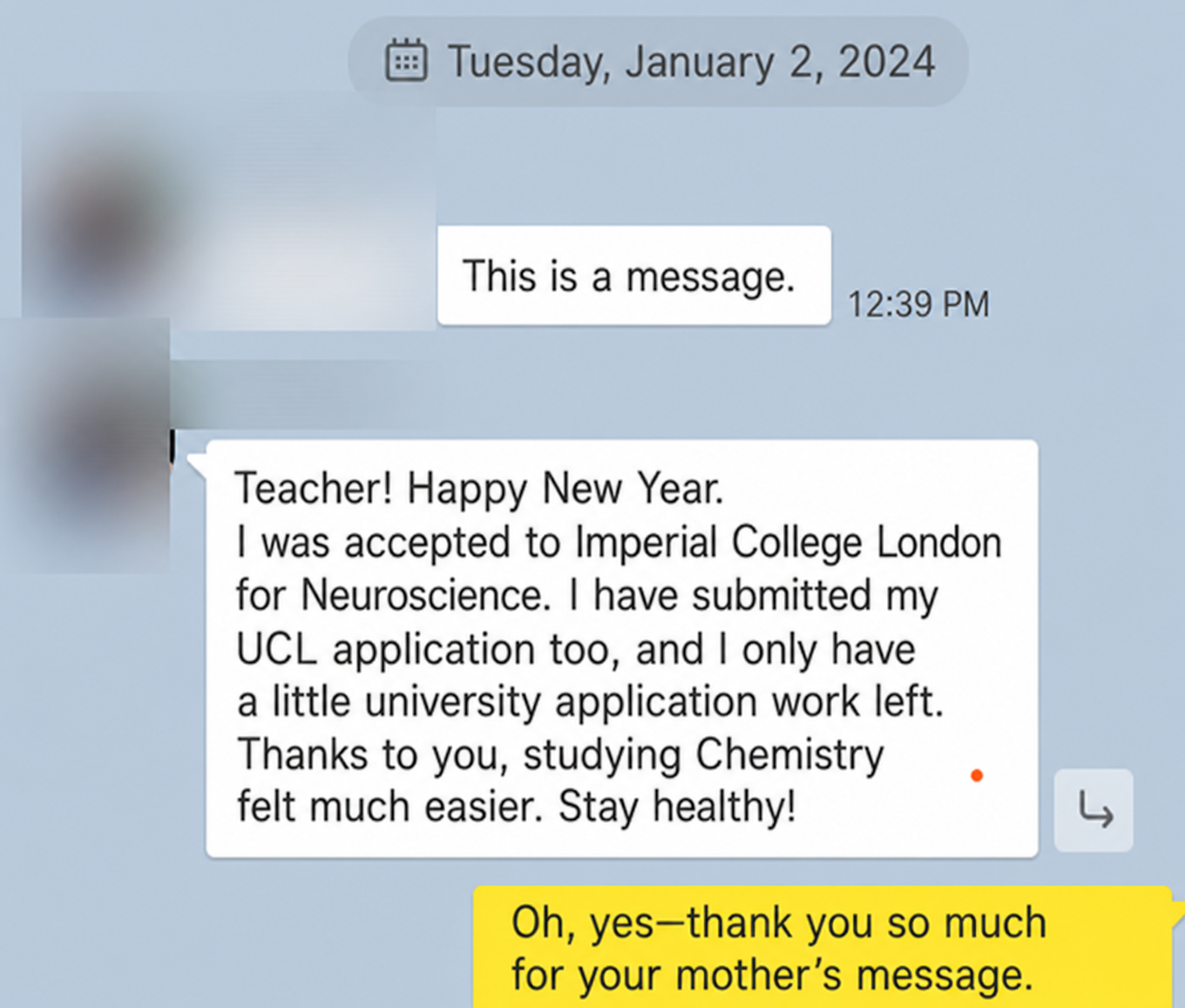 English translation of a student sharing an Imperial College London Neuroscience acceptance