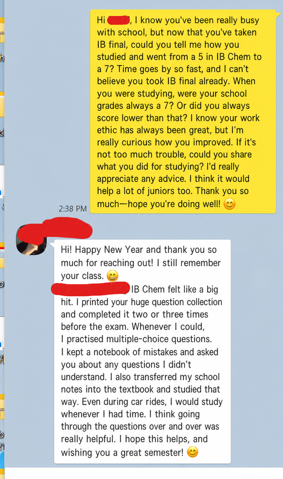 English translation of an IB Chemistry student explaining how they improved from grade 5 to grade 7