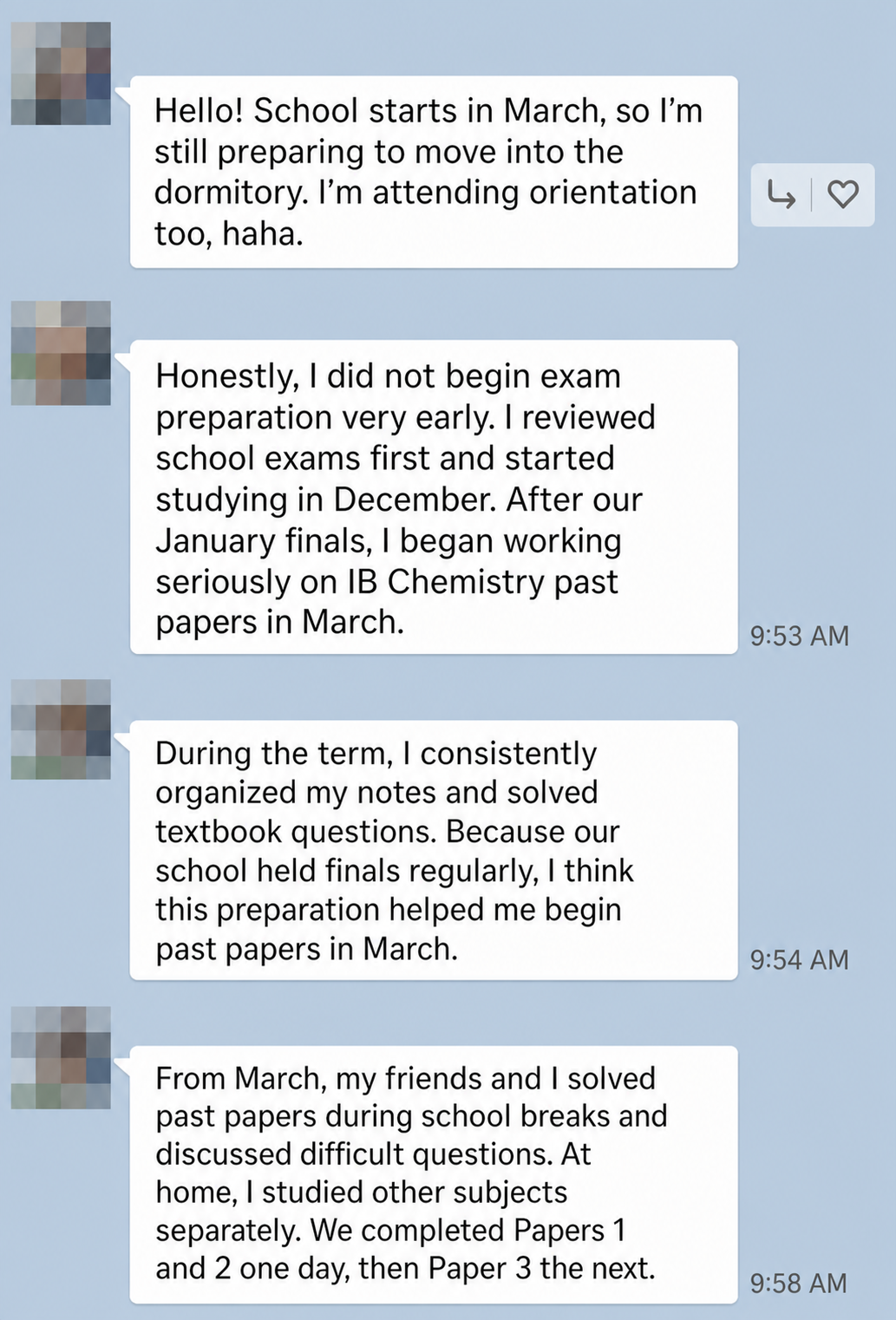 English translation of an IB Chemistry student describing a past-paper study schedule