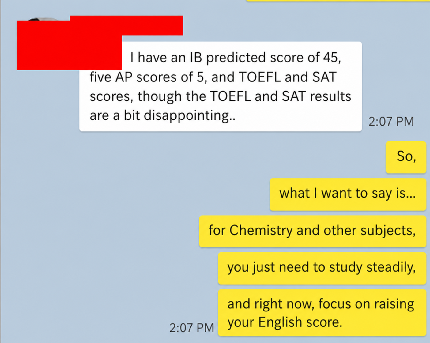 English translation of a high-achieving student's IB, AP, TOEFL, and SAT profile