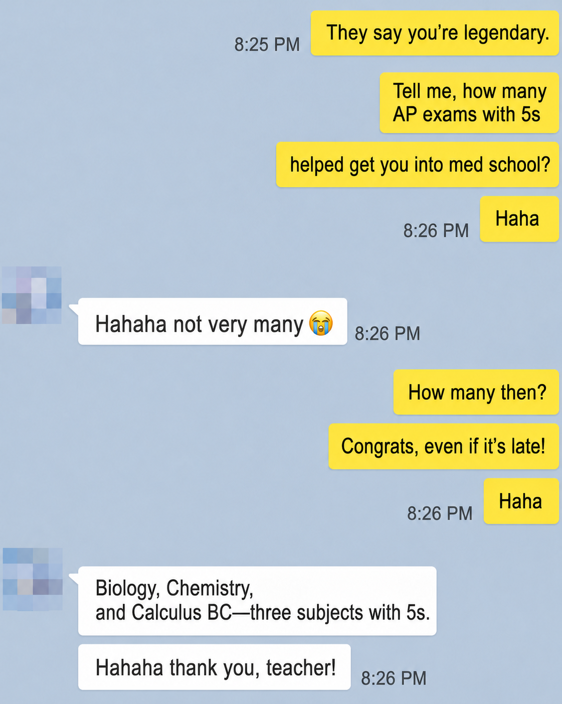 English translation of a medical-school student sharing three AP scores of 5