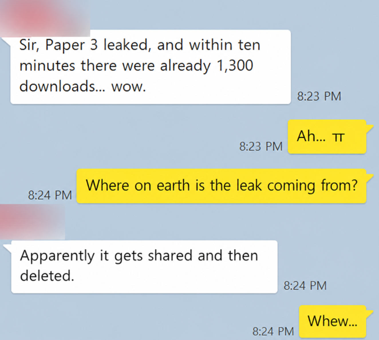 English translation of a student reporting concern about an alleged IB Chemistry Paper 3 leak