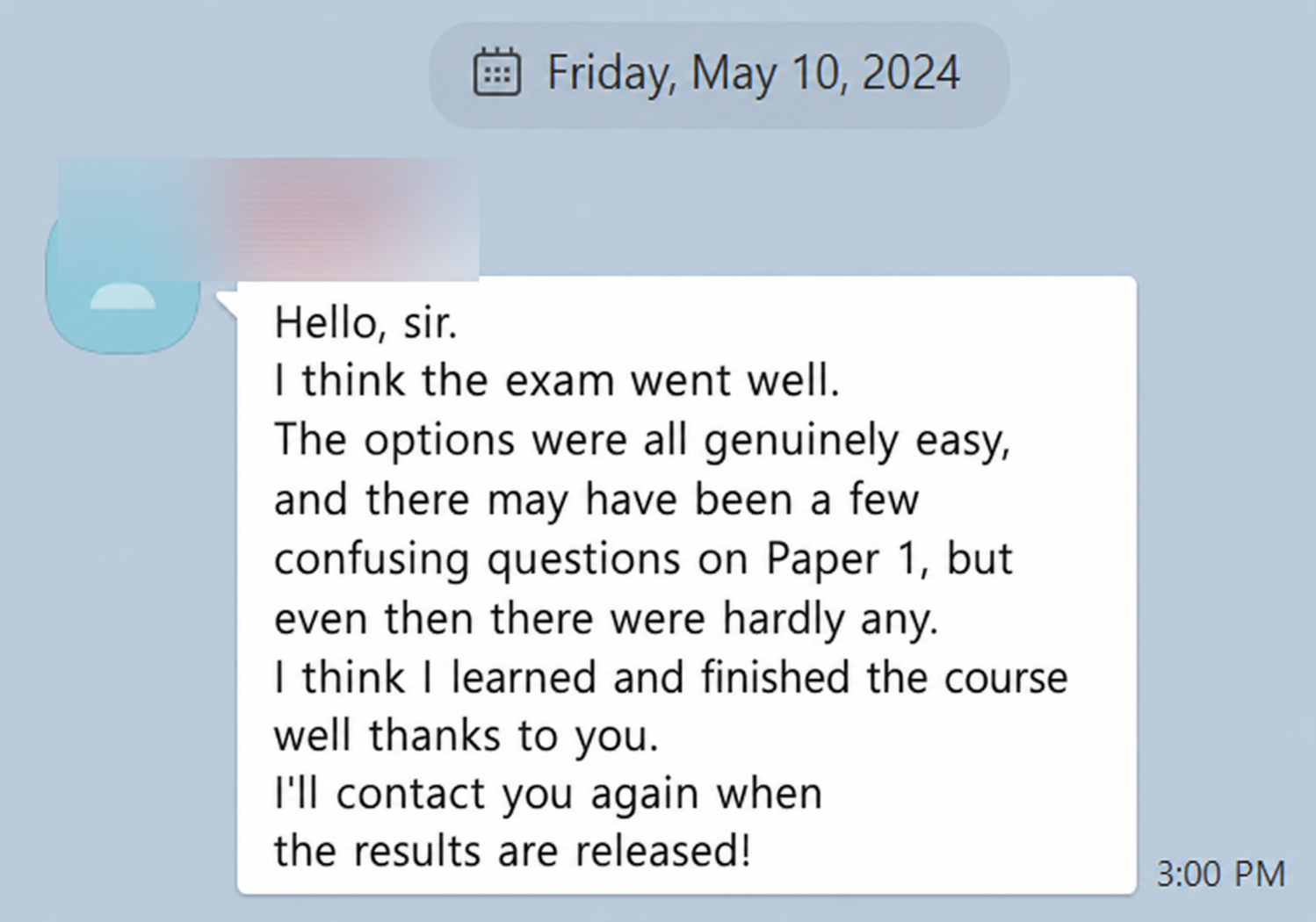 English translation of a student describing the 2024 IB Chemistry examination as manageable