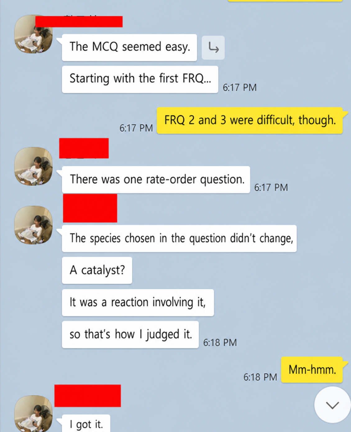 English translation of a student discussing AP Chemistry MCQ, FRQ, rate order, and catalyst questions