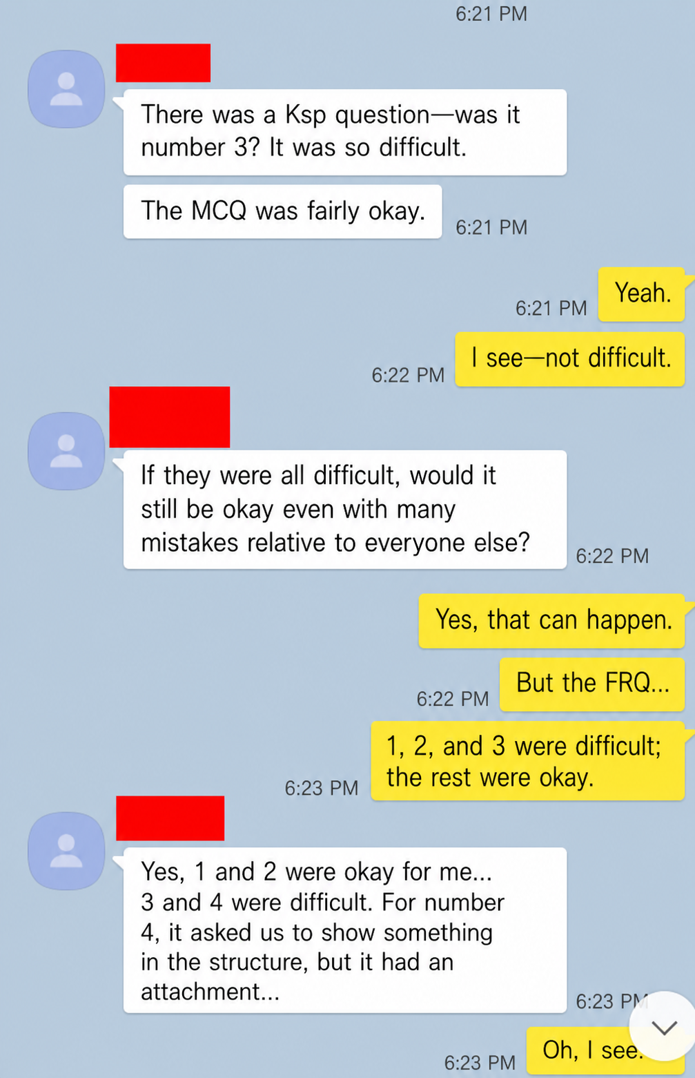 English translation of students discussing difficult AP Chemistry Ksp and FRQ questions