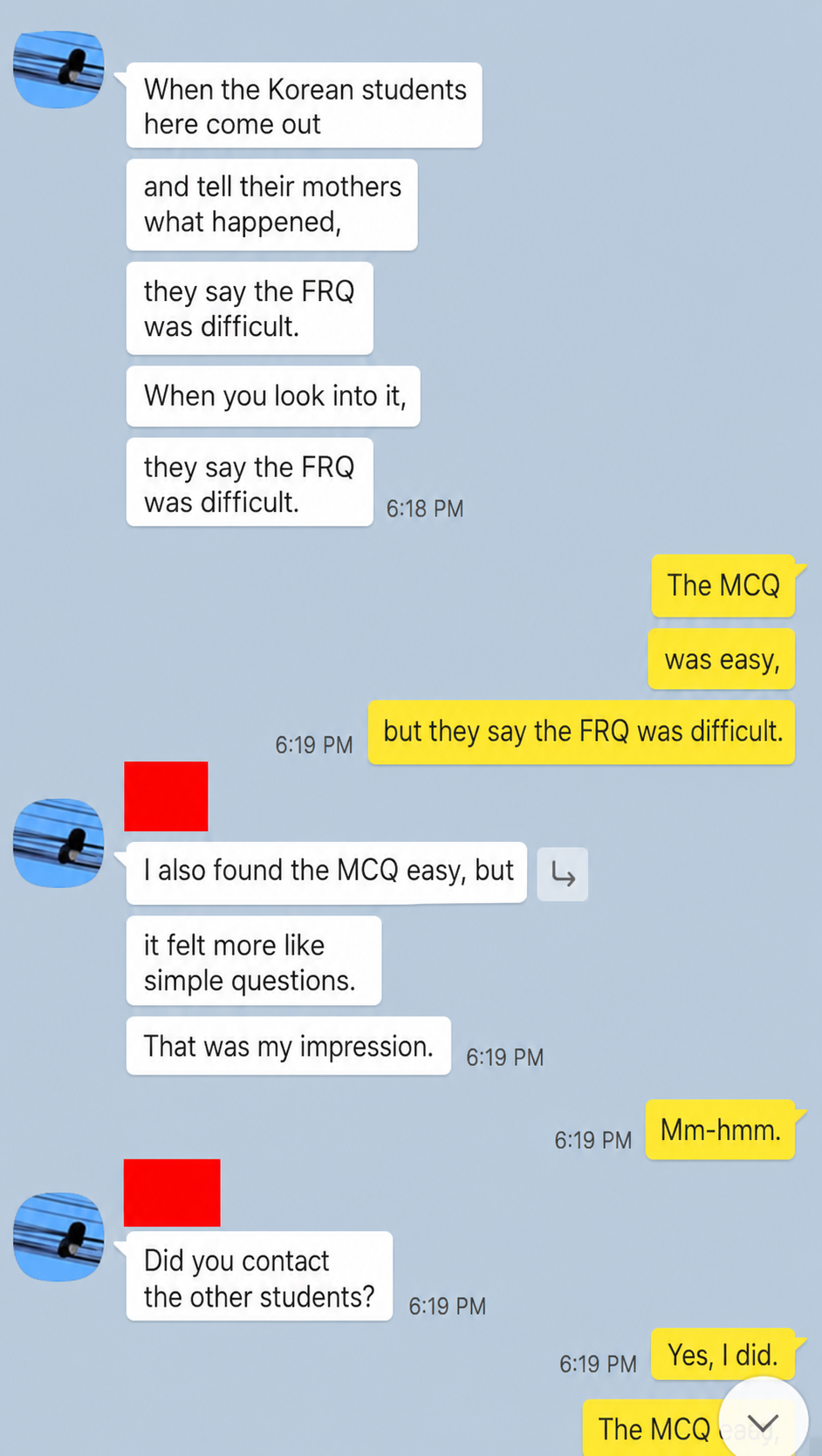 English translation of AP Chemistry students comparing an easier MCQ with a harder FRQ