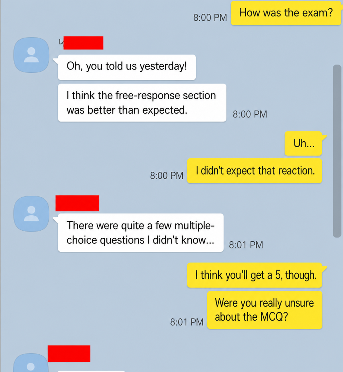 English translation of an AP Chemistry student describing uncertainty in the multiple-choice section