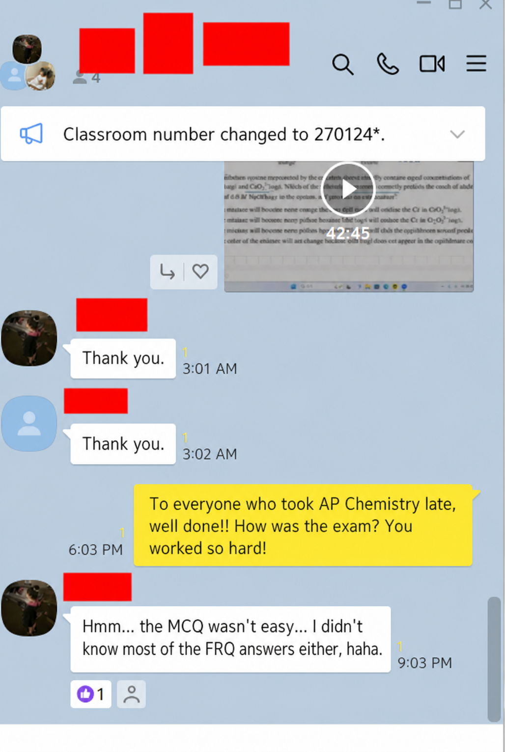 English translation of a late-testing AP Chemistry student discussing difficult MCQ and FRQ questions