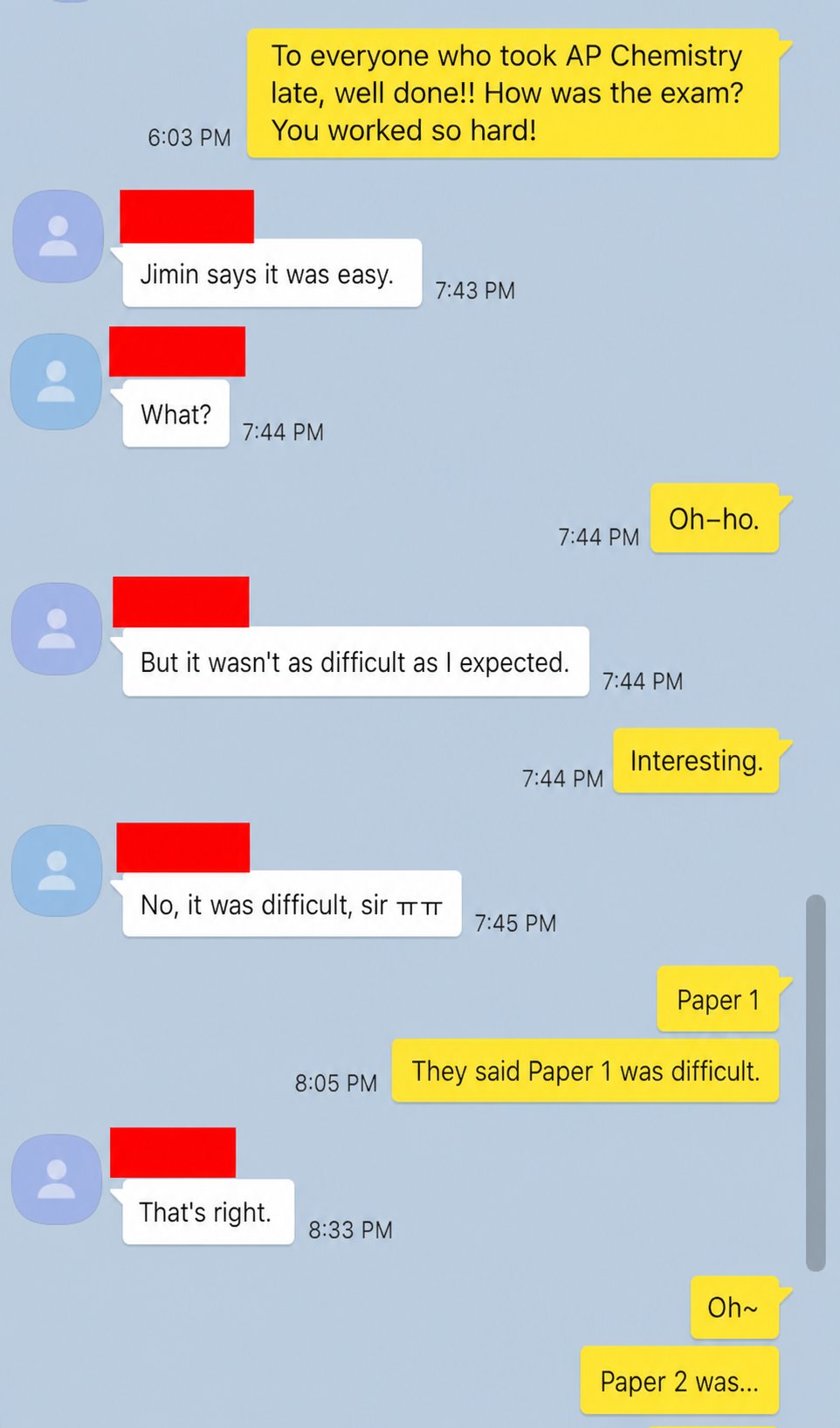 English translation of students comparing AP Chemistry Paper 1 and Paper 2 difficulty