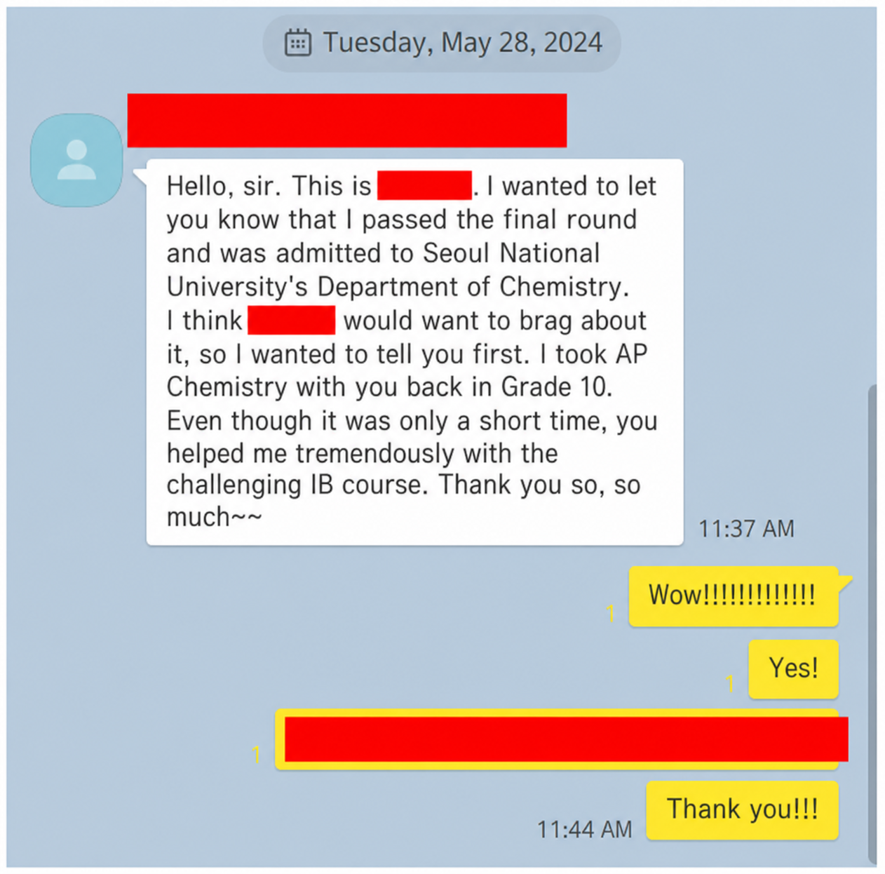 English translation of a student thanking their teacher after admission to Seoul National University Chemistry